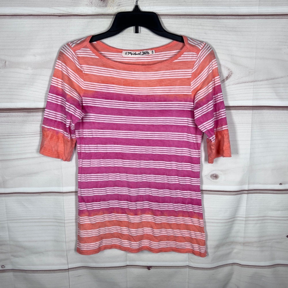 Michael Stars Striped T-Shirt Women OS Pink Orange 3/4 Sleeve Preppy Lightweight